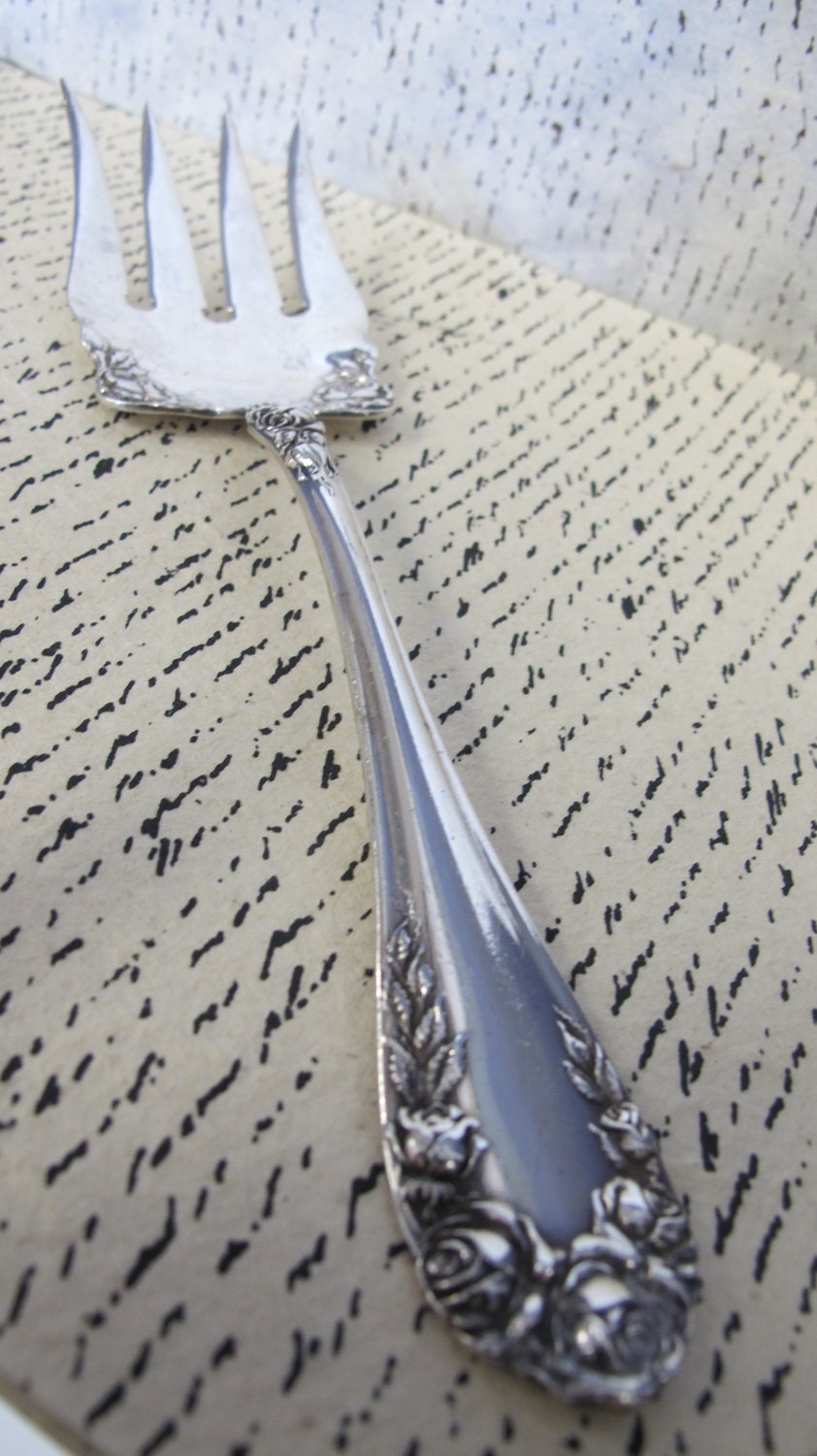 Large Sterling Silver Serving Fork with Embossed Roses Floral Motif Handle 71.3 grams