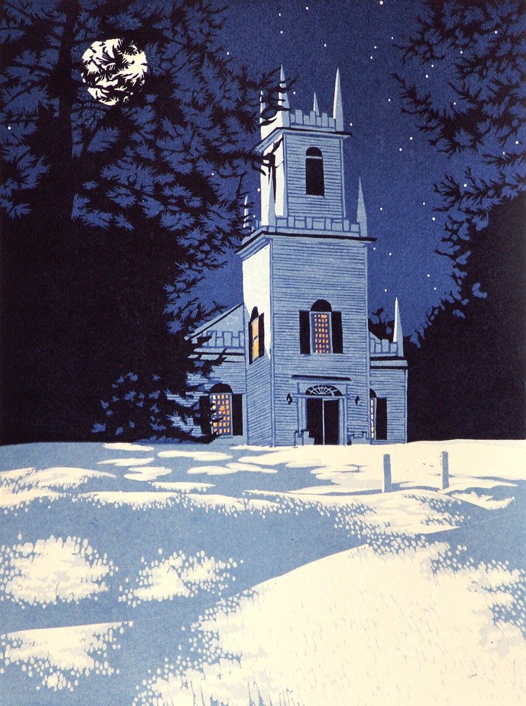 Seven-color linocut print of the Christ Church in Guilford Vermont at night, in winter, entitled "Guilford Night"