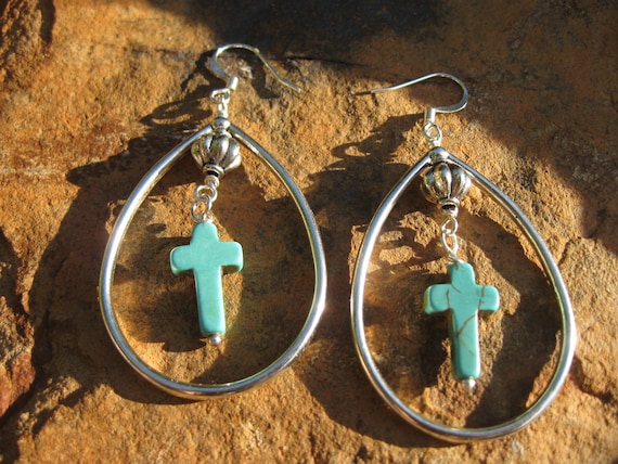 Turquoise cross large drop earrings