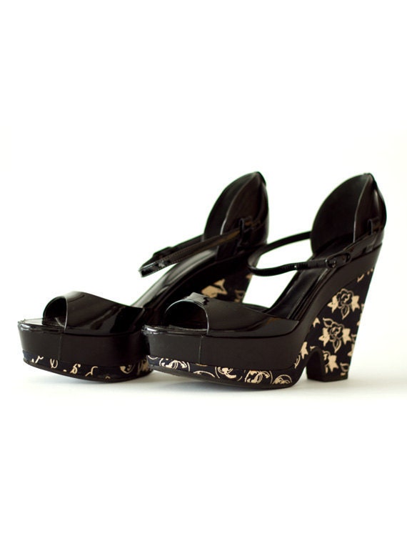 REDUCED were 385 now 345 vintage CHANEL camellia print patent leather wedges sandals heels