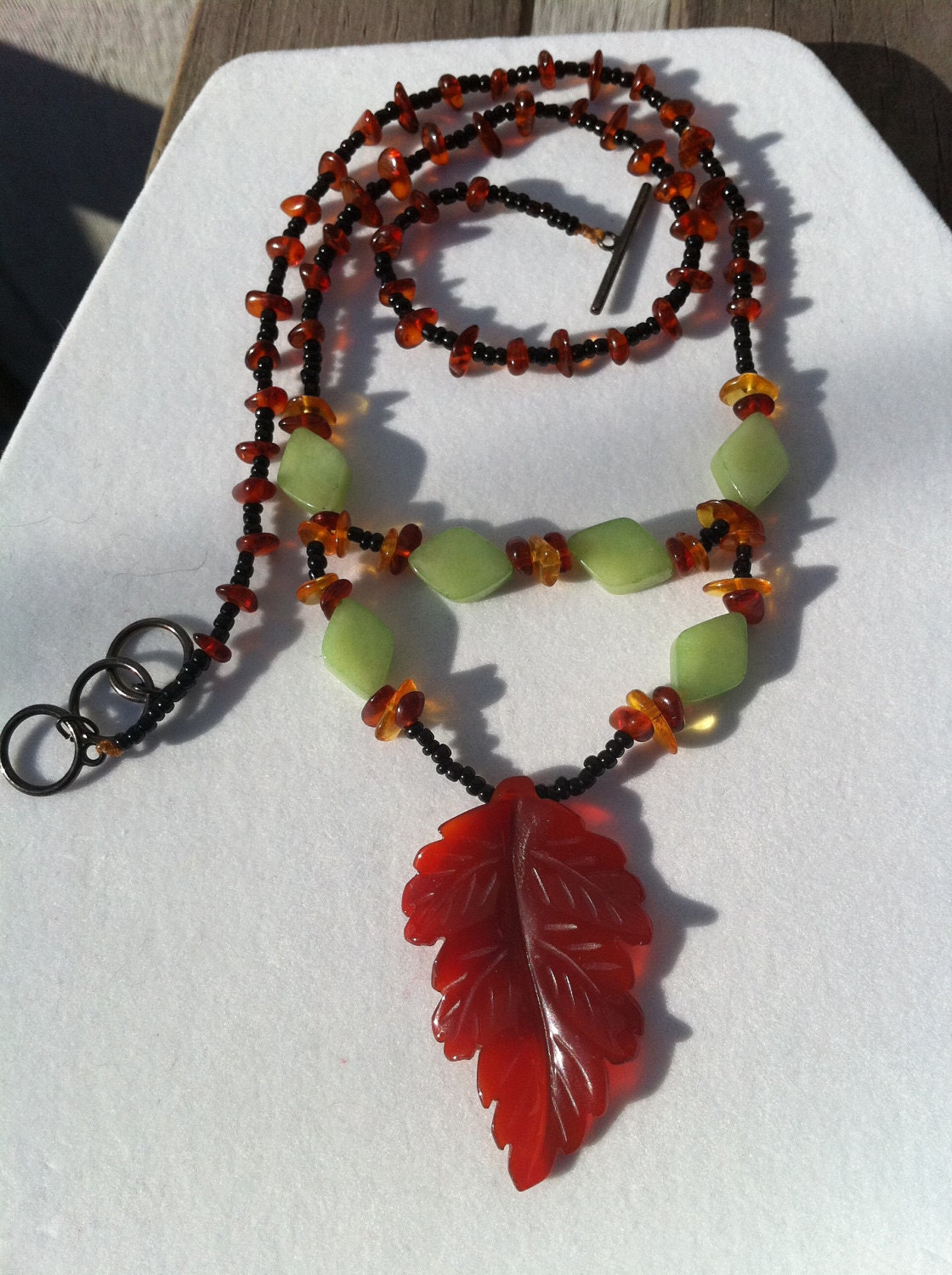 FREE US SHIP Set of Matching Necklace and Bracelet, Baltic Amber Fall Necklace and Bracelet With Black Seed Beads, Jade, and Carnelian Leaf