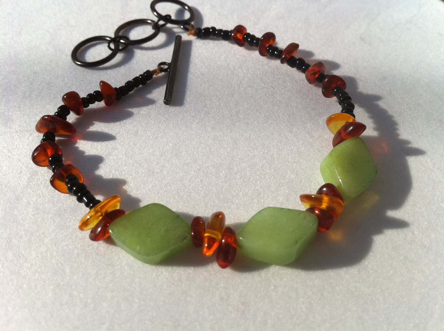 FREE US SHIP Set of Matching Necklace and Bracelet, Baltic Amber Fall Necklace and Bracelet With Black Seed Beads, Jade, and Carnelian Leaf