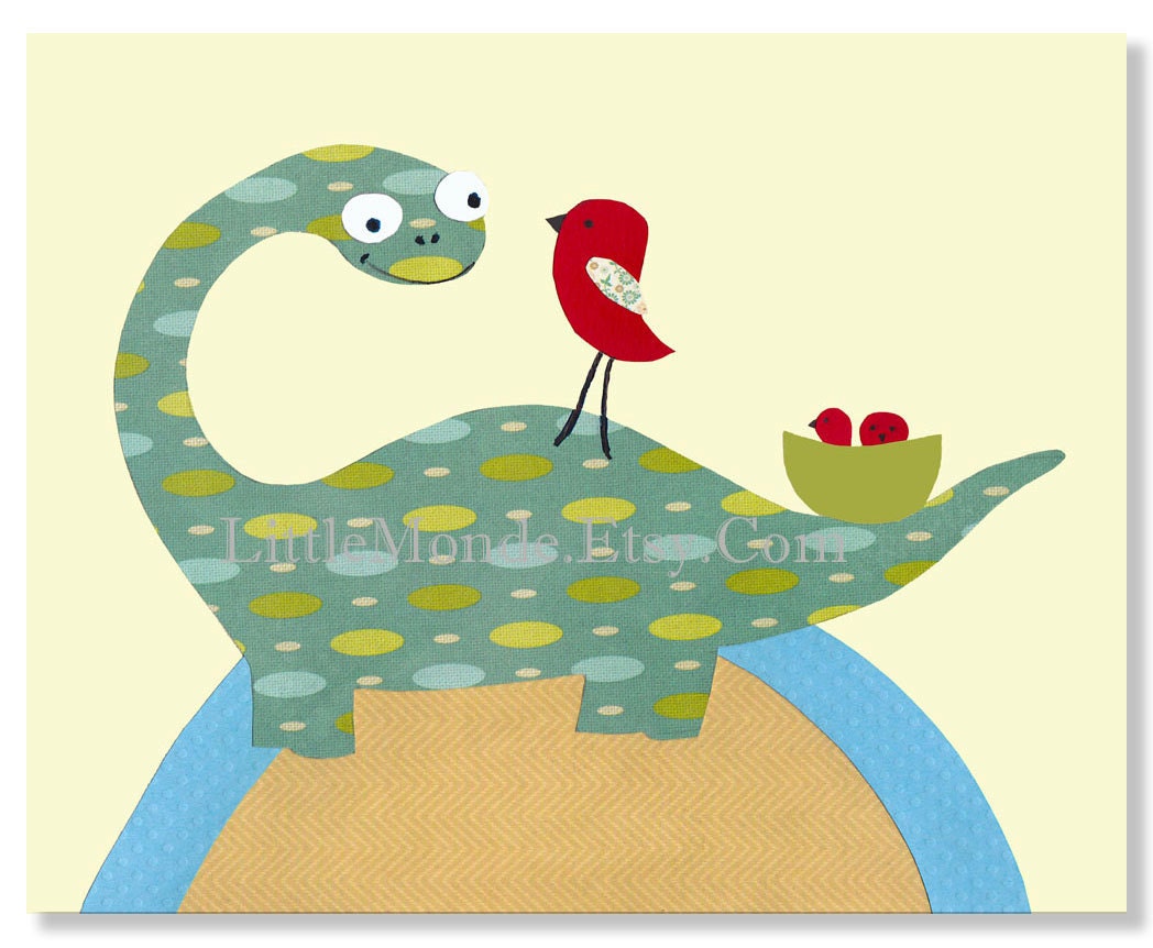 The Lemon Dino and Birds, Personalized, 8x10" Nursery Print, Baby Boy Room Decor, Nursery Art, Animal Art, Dinosaur and Birds, Pale Yellow