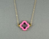 Pink Quatrefoil Clover Necklace, 24K Gold Edged, 14K Gold Filled Chain, Modern, Feminine, Eye Catching, Everyday Wear Jewelry