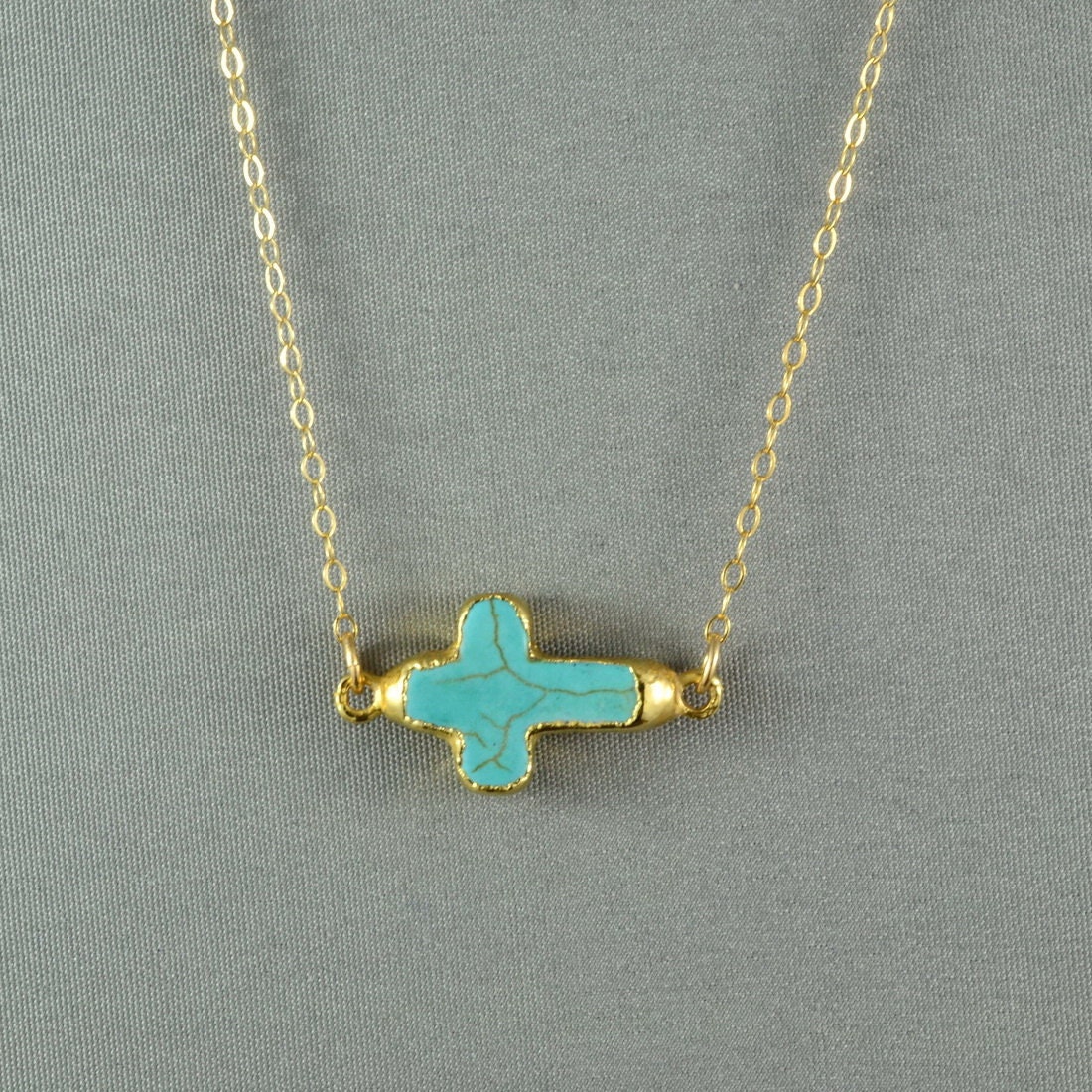 Turquoise Sideways Cross Necklace, Edged with 24k Gold , 14K Gold Filled Chain, Modern, Simple,  also in Sterling Silver