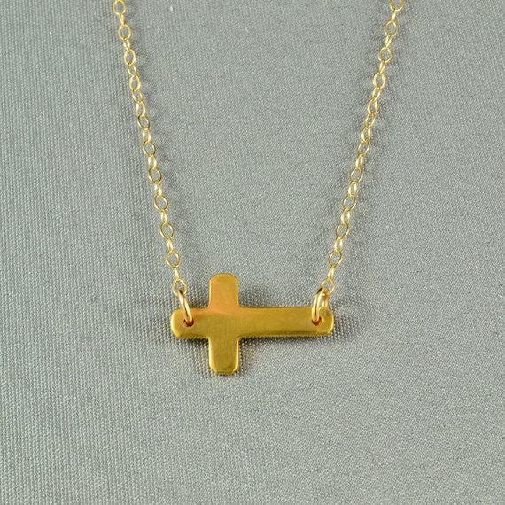 Sideways Cross Necklace, 24K Gold Vermeil, 14K Gold Filled Chain, Simple, Delicate, Everyday Wear Jewelry