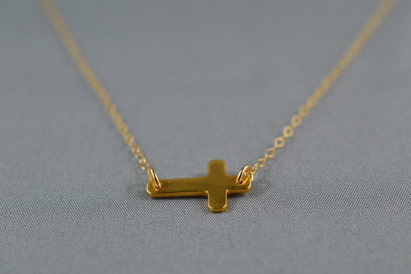Sideways Cross Necklace, 24K Gold Vermeil, 14K Gold Filled Chain, Simple, Delicate, Everyday Wear Jewelry