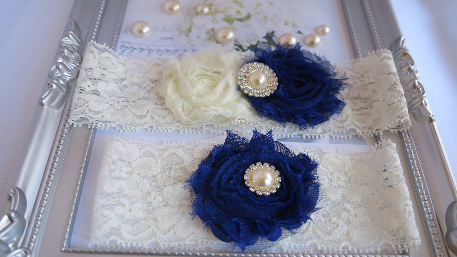 Sale: Wedding Garter - Ivory Lace Garter Set -Bridal Garter - Vintage Garter - Royal blue Garter - Something blue garter/ Wedding accessory