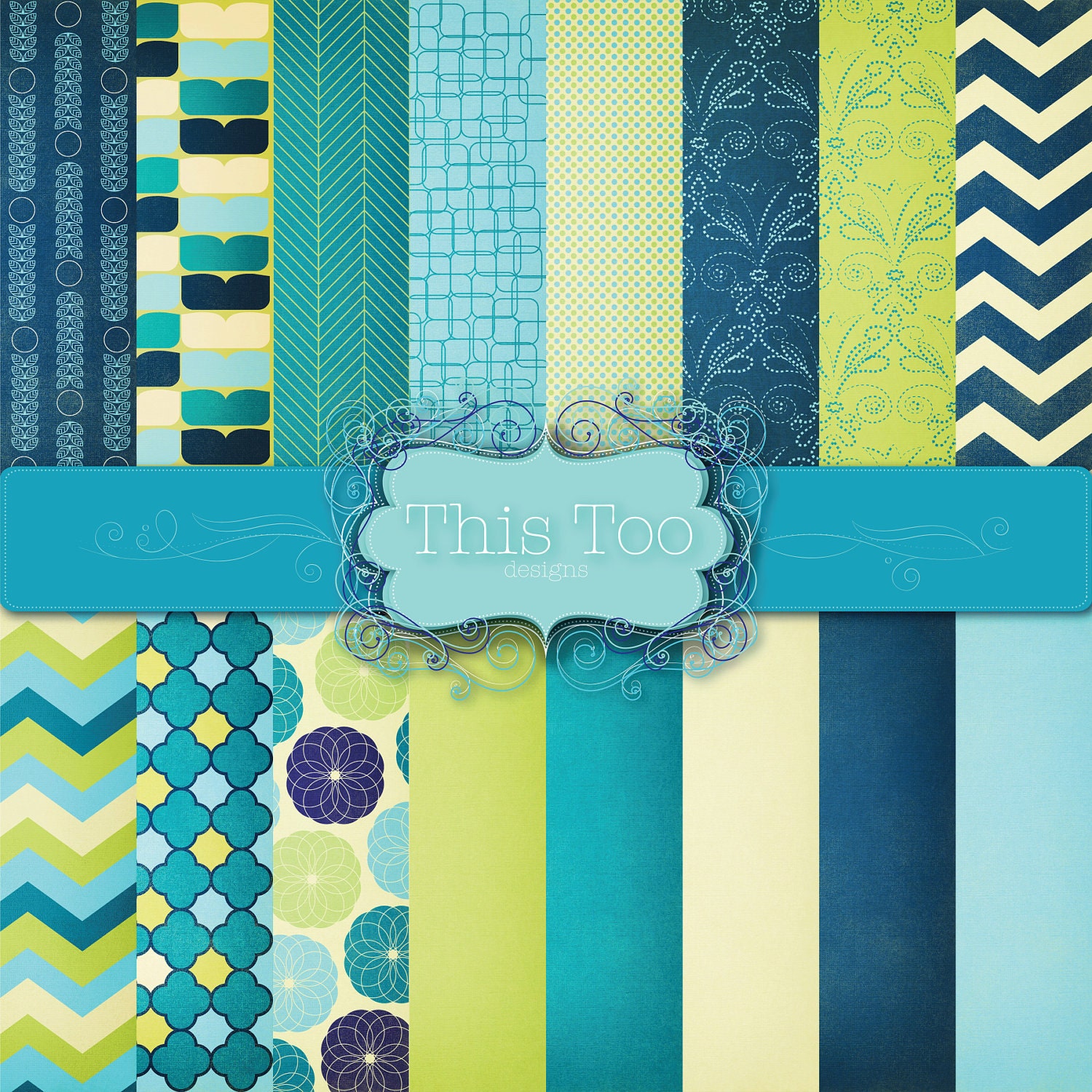 Sale: 3 for 2 - Talvez BLUE & GREEN Digital Paper Pack (16 papers) for Digital Scrapbooking, Cardmaking, Printing, Website Background