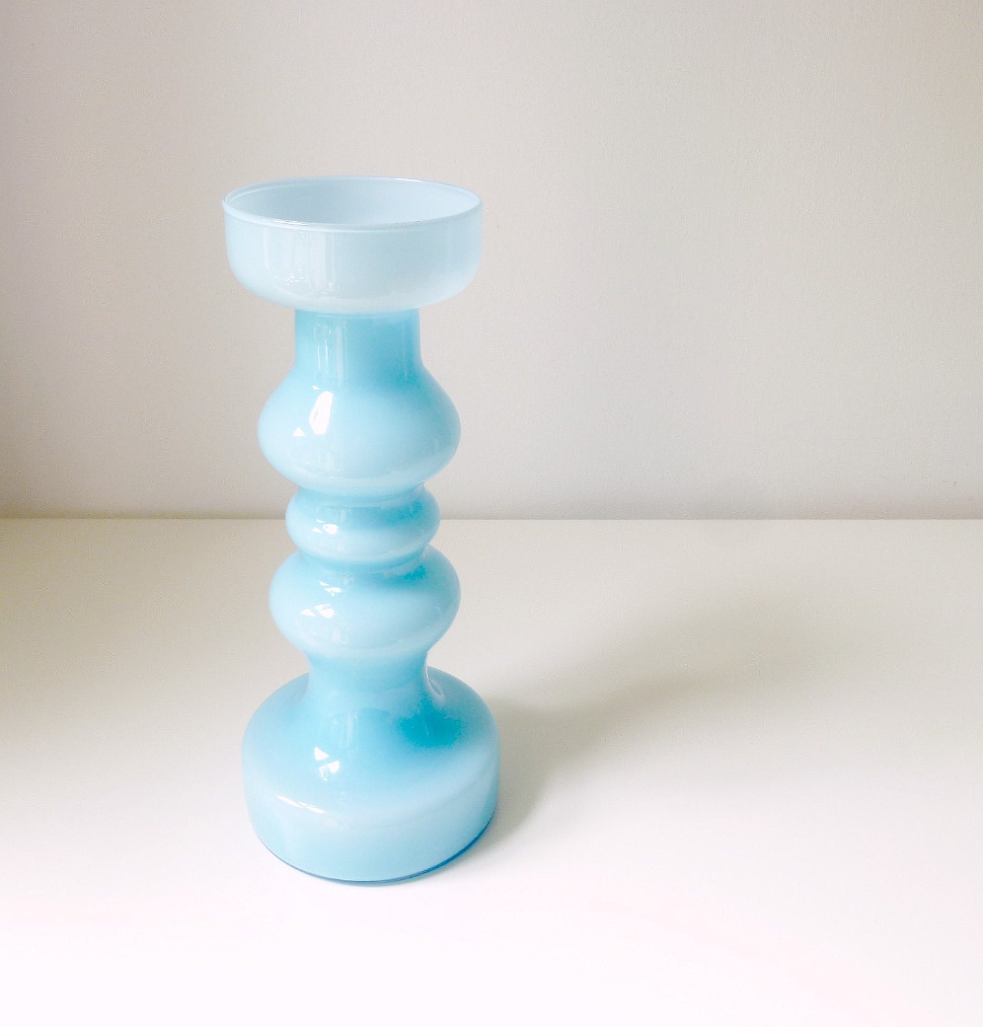 Mid Century Modern Vase / Candle Holder - Baby Blue Hooped Glass - Empoli Italy - Mad Men, 1960's home decor, Eames Panton era