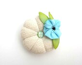 Pincushion / Pin Cushion tiffany blue fabric flower , ivory white , green leaves