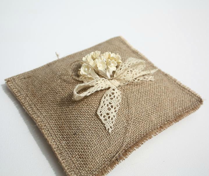 Rustic Wedding Ring Pillow , burlap ring bearer pillow , lace and burlap , ivory flowers , vintage