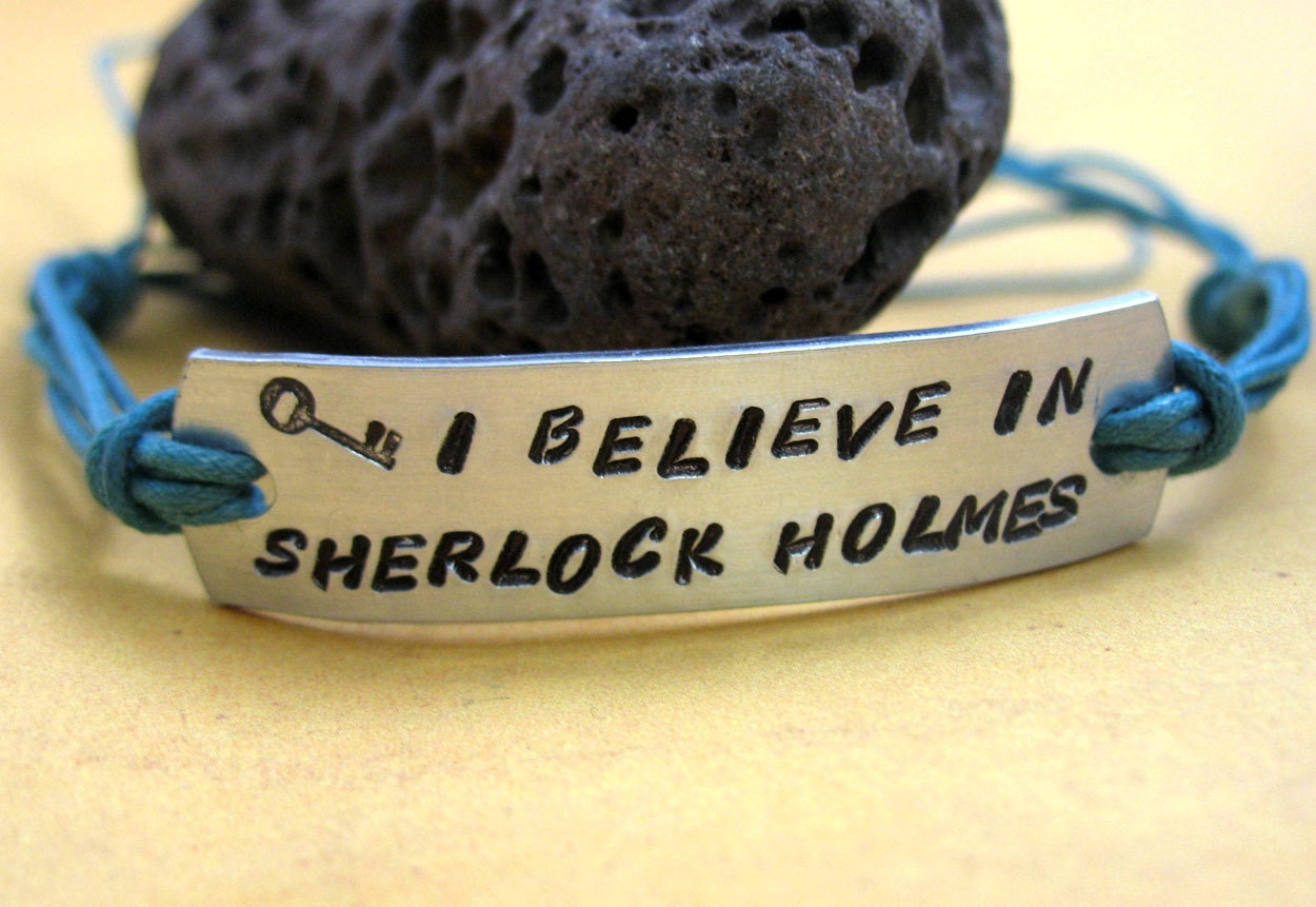 Hand Stamped Sherlock Holmes Wrap Bracelet on Cotton Cord, I Believe In Sherlock Holmes -