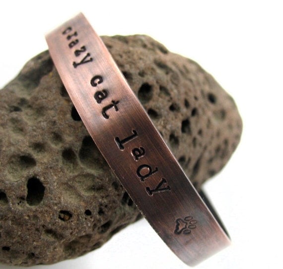 Crazy Cat Lady Bracelet -  Oxidized Copper Cuff with Heart and Pawprint,  hand stamped bracelet