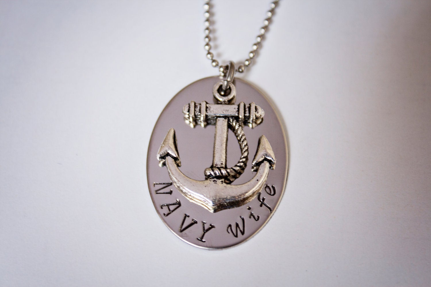 NAVY Wife - Hand Stamped Stainless Steel Necklace - Anchor Charm - Military Support Gift - Can be Customized for Mom, Grandma, Sister, etc.