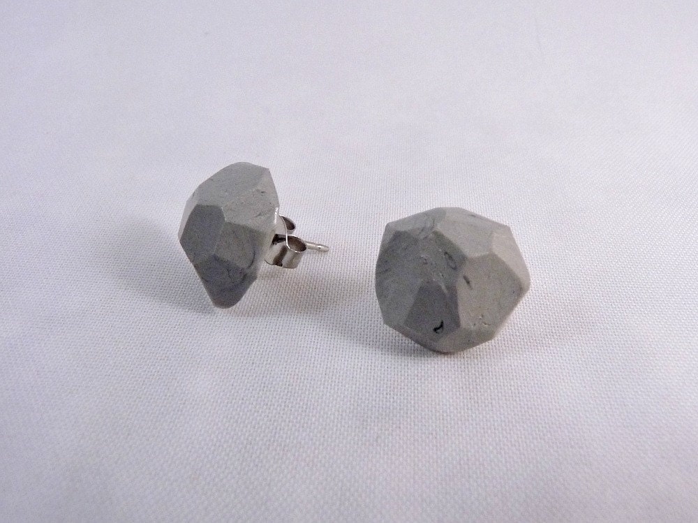 Post Earrings, Elephant Gray Faceted Clay Earrings, Stainless Surgical Steel Posts, Geometric Studs