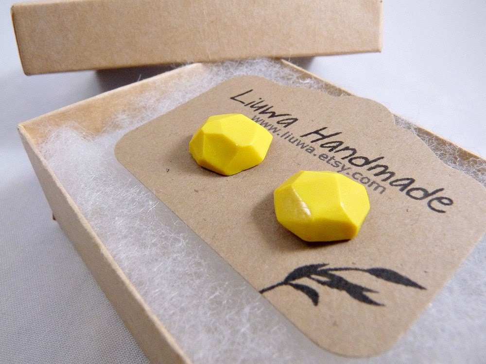 Dandelion Yellow Studs, Faceted Clay Earrings, Stainless Surgical Steel Post Earrings