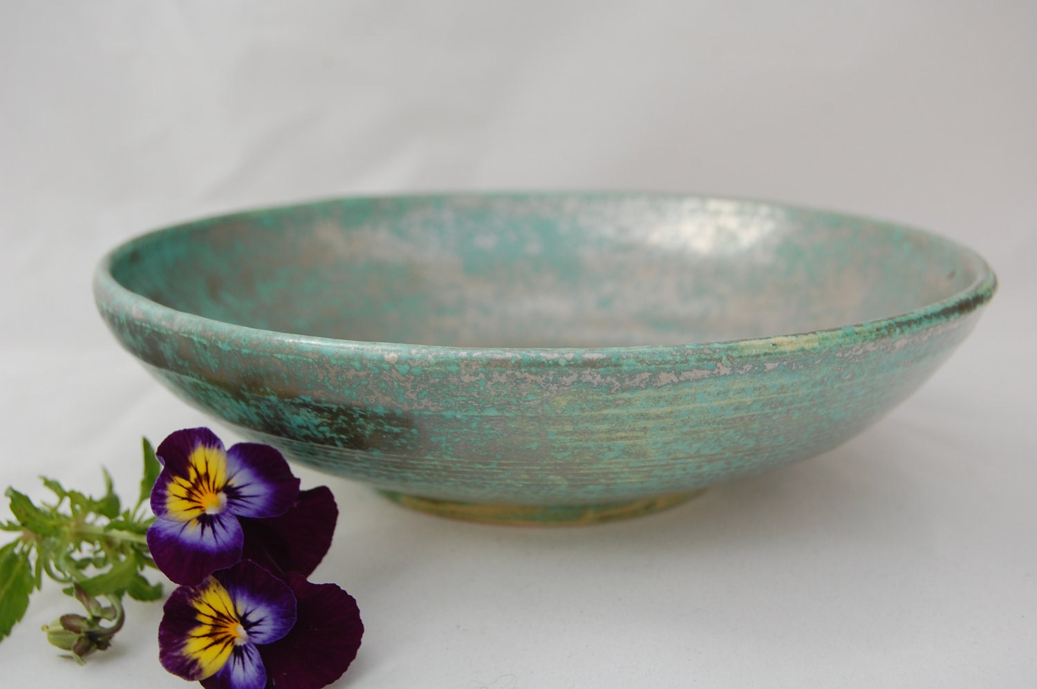 Medium Ceramic green gold bronze shallow bowl, green lustre fruit bowl, green lustre salad bowl, shallow green dish