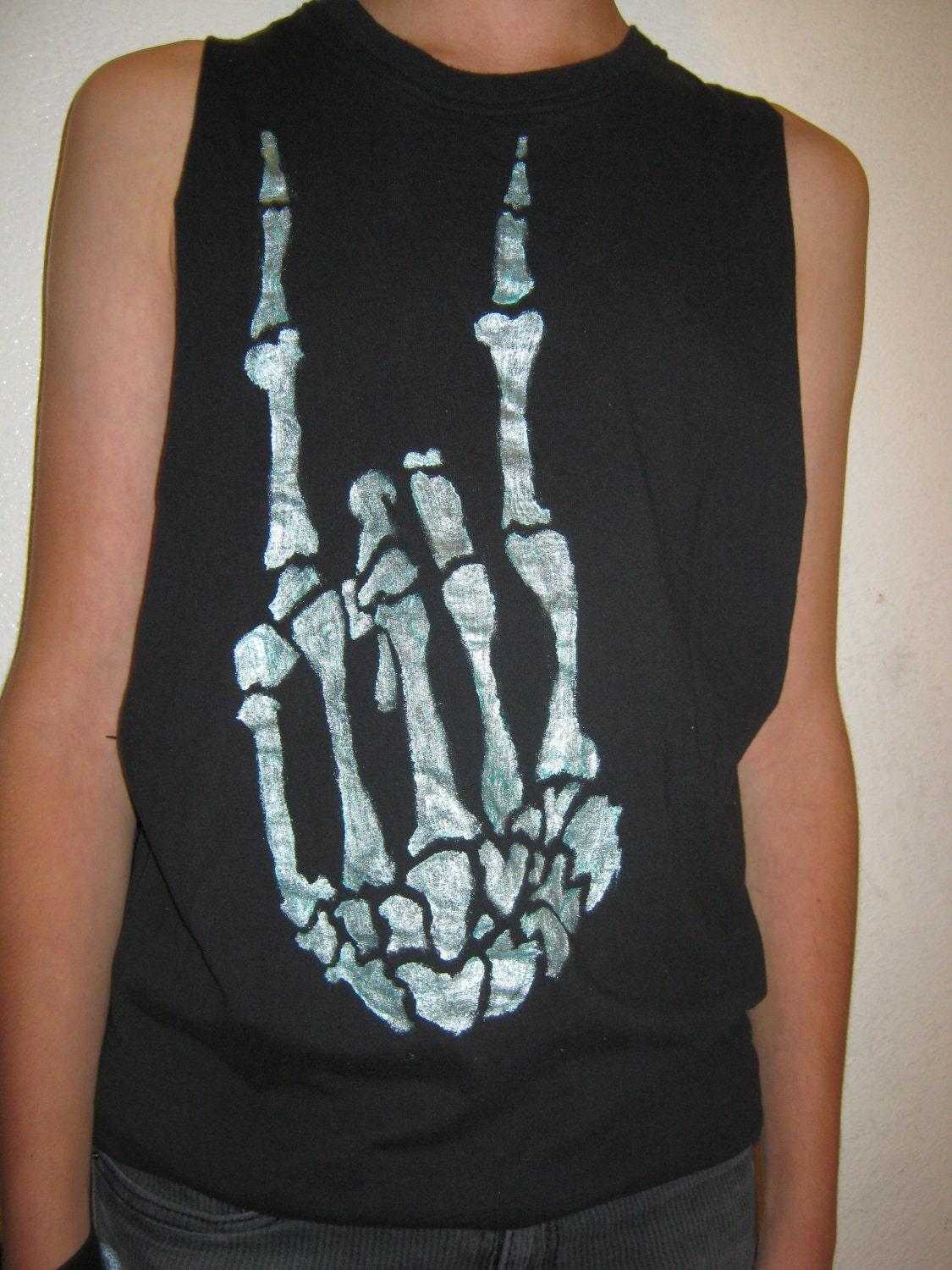 Sleeveless black skeletal hand tee