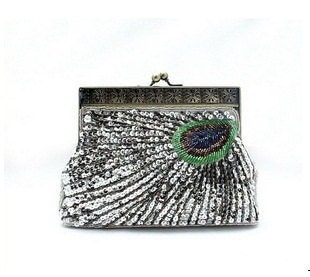 Silver Peacock Feather Sparkle Wedding Purse Evening Clutch