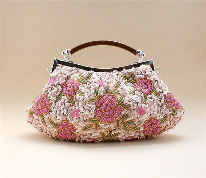 Pink Rose Sparkle Beaded Wedding Purse Evening Clutch