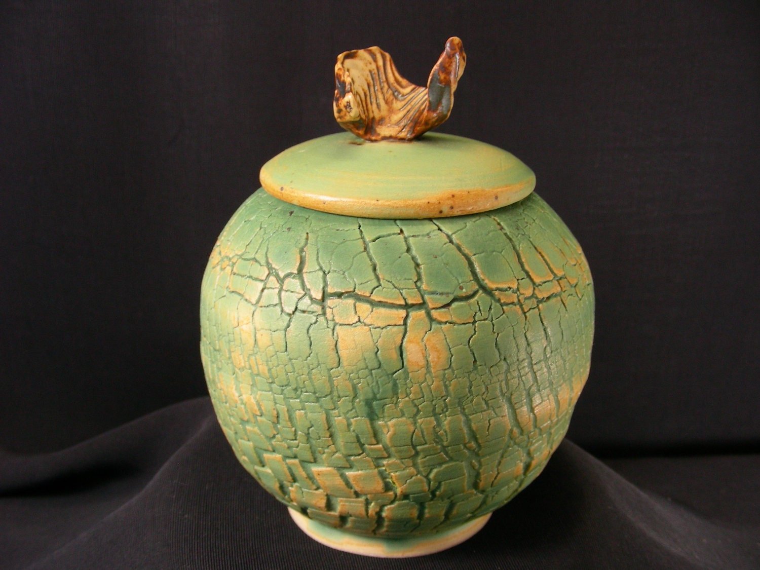 ChingWenArts Studio Pottery Stoneware Lidded Jar Pot, Patina Green Brown White, J5408