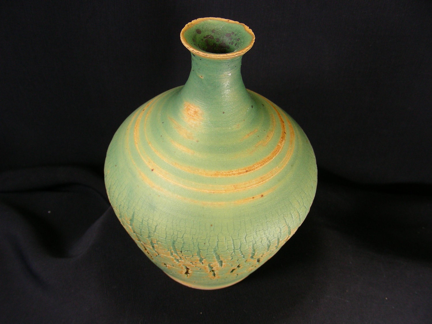 ChingWenArts Studio Pottery Stoneware Vase Pot, Patina Green brown, Signed, V5362