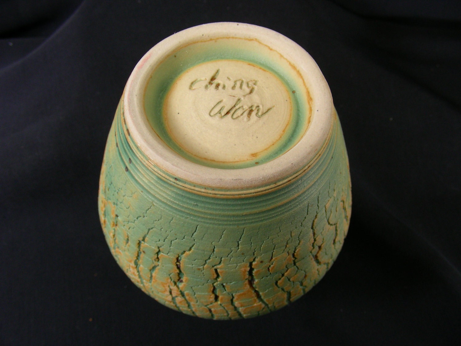 ChingWenArts Studio Pottery Stoneware Vase Pot, Patina Green brown, Signed, V5362