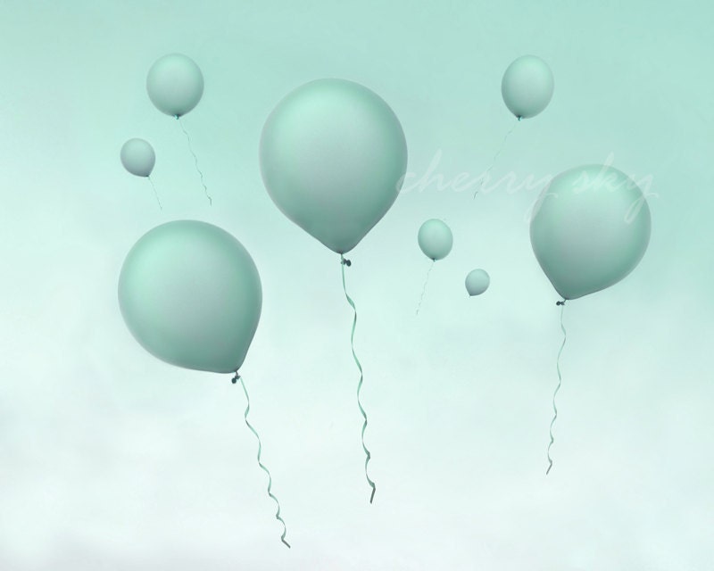 Mint Balloons - Up and Away Floating into the Sky Sweet Nursery Decor Birthday Minimal Happy Fun Children Kids Wall Art 8x10 Photograph