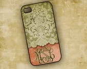Floral monogram iPhone 4s case, Iphone 5 case - personalized pink and green lace iPhone 4 cover, plastic or silicone iphone case (9619)