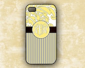 Monogrammed Iphone 5 case Iphone 4 case - Personalized monogram Gray yellow damask - Iphone 4 cover Iphone 4s plastic or silicone (9641)