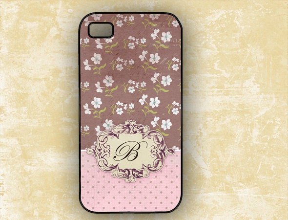 Monogram iPhone 4 cover - Personalized Iphone 5 case, Iphone 4 case - Distressed purple paisley, pink polka dot iPhone plastic rubber (9670)