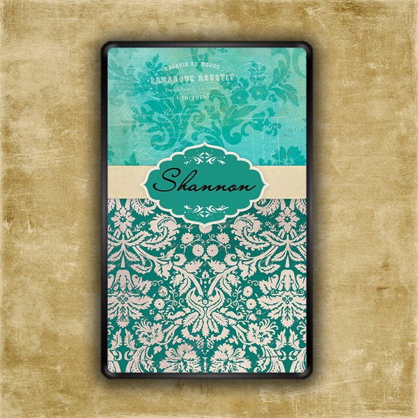 Personalized Kindle case - Tiffany blue and teal damask - Kindle Fire case with monogram, Kindle Touch plastic case monogrammed (9697)
