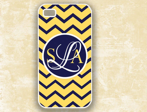 Personalized Iphone 4 cover - Chevron Iphone case, yellow navy blue chevron monogram Iphone 5 case Iphone 4 case plastic or silicone (9696)