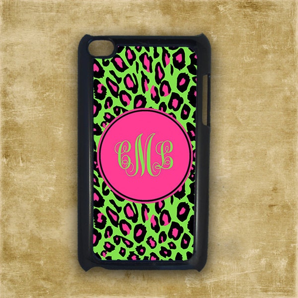 Personalized Touch Ipod case 4 - Leopard print in lime green and hot pink, plastic Ipod case, monogram iTouch 5 case, monogrammed 4g (9626)