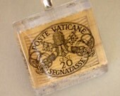Vintage Vatican Postage Due Stamp Glass Tile Pendant Necklace OOAK. Italy, Pope