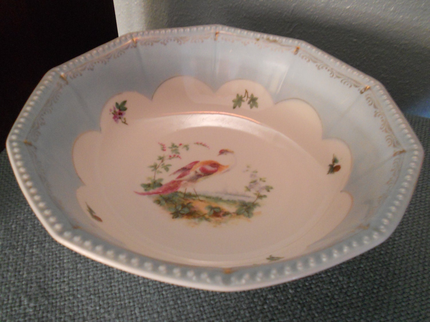 Vintage Handpainted K&L Germany Bowl - Blue Gold Trim with Bird