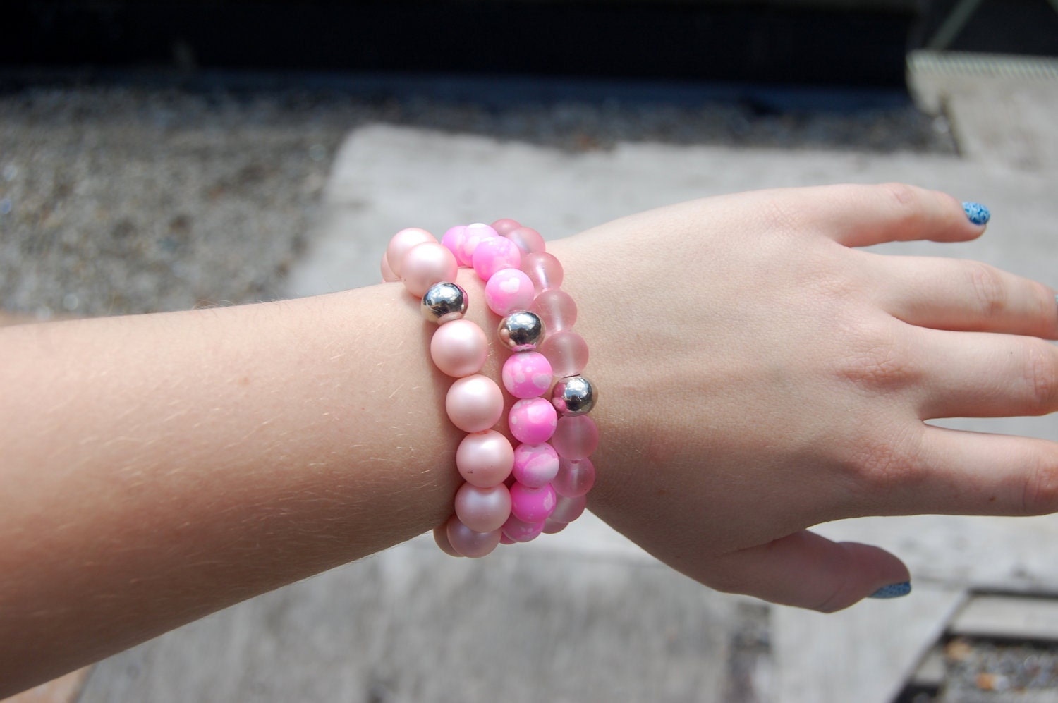 Pink Grapefruit Margarita Stretch Bracelets with Steel Accent Beads