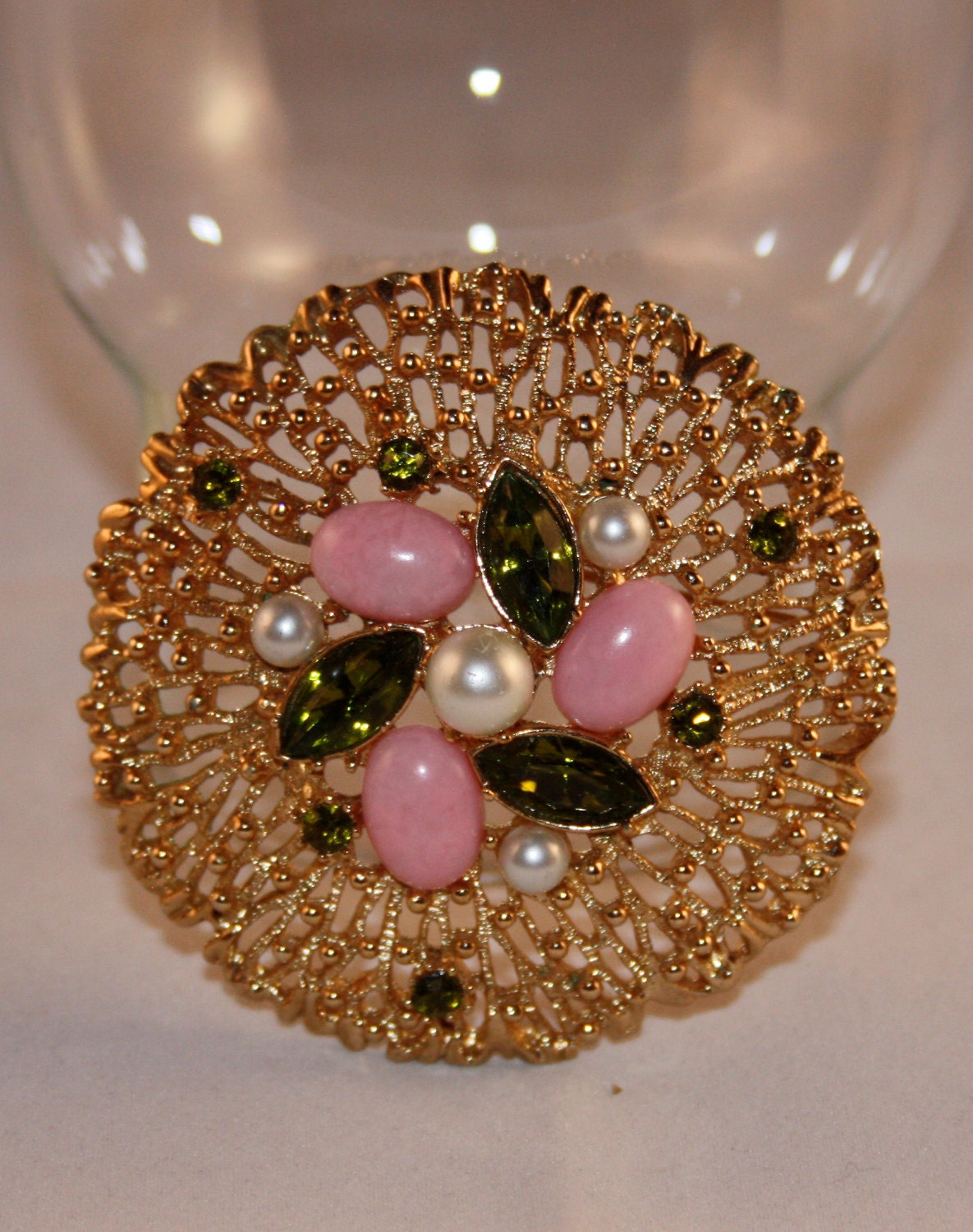 Vintage Sarah Coventry green, pink and pearl brooch