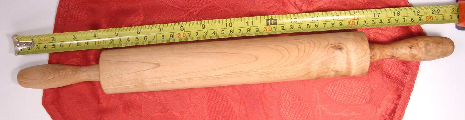 Red maple rolling pin, one solid piece of wood, handles, 20 inches including handles, traditional style
