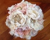 Bridal Bouquet Fabric Flower Custom Bouquet Blush Pink and Creams Brooches, Rhinestones, Pearl  Pick your Colors