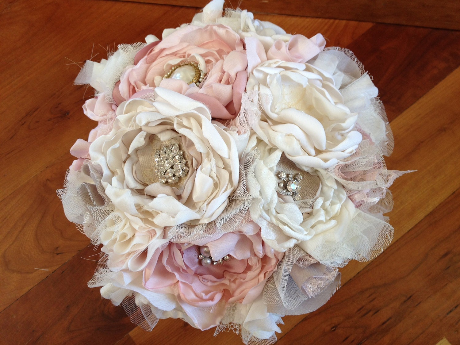 Bridal Bouquet Fabric Flower Custom Bouquet Blush Pink and Creams Brooches, Rhinestones, Pearl  Pick your Colors