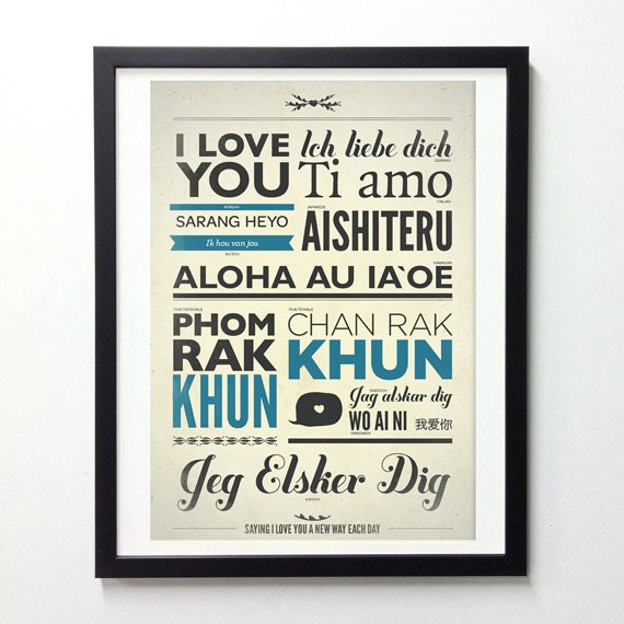 Love typography poster in different language - Vintage-Style typo print - I love you A3