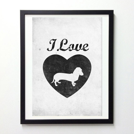 I Love Dachshund wall decor - Vintage black and white poster - animal silhouette art print A3