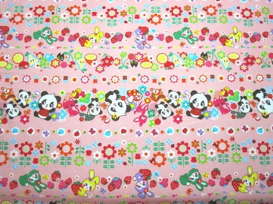 Japanese Fabric Animal World Panda Border Pink