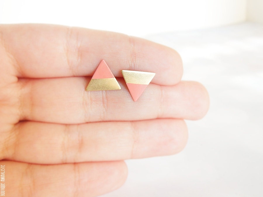 Coral Peach Dipped Triangle Earring Studs