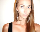 Brown and white feather dangle earrings antique look