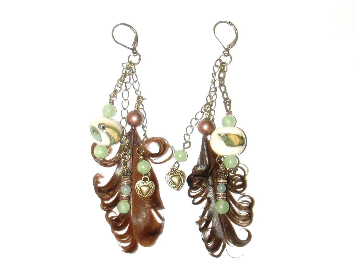 SALE Brown feather SuDanglies w/ green/white/yellow glass & small jade beads