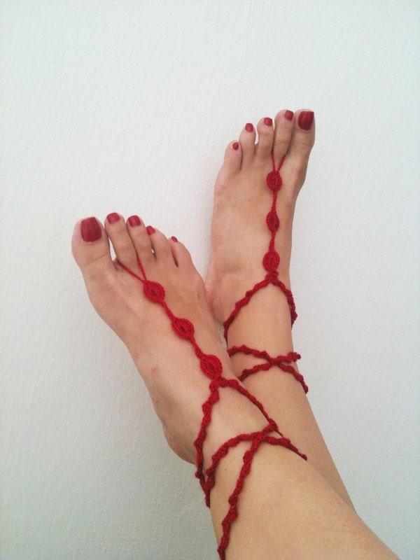 Red   Barefoot Sandals, Nude shoes, Foot jewelry, Wedding, Victorian Lace, Sexy, Lolita, Yoga, Anklet