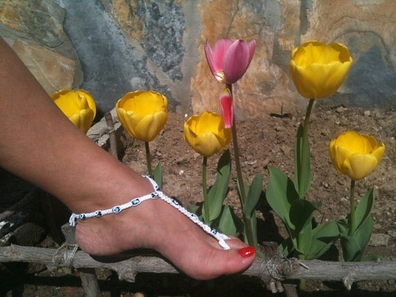 Evil eye beads macrame hand crochet Foot jewelry Anklet, Nude shoes, Foot jewelry, Wedding, Victorian Lace, Sexy, Lolita, Yoga, Anklet